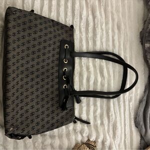 Dooney & Bourke black and gray logo canvas shoulder bag.